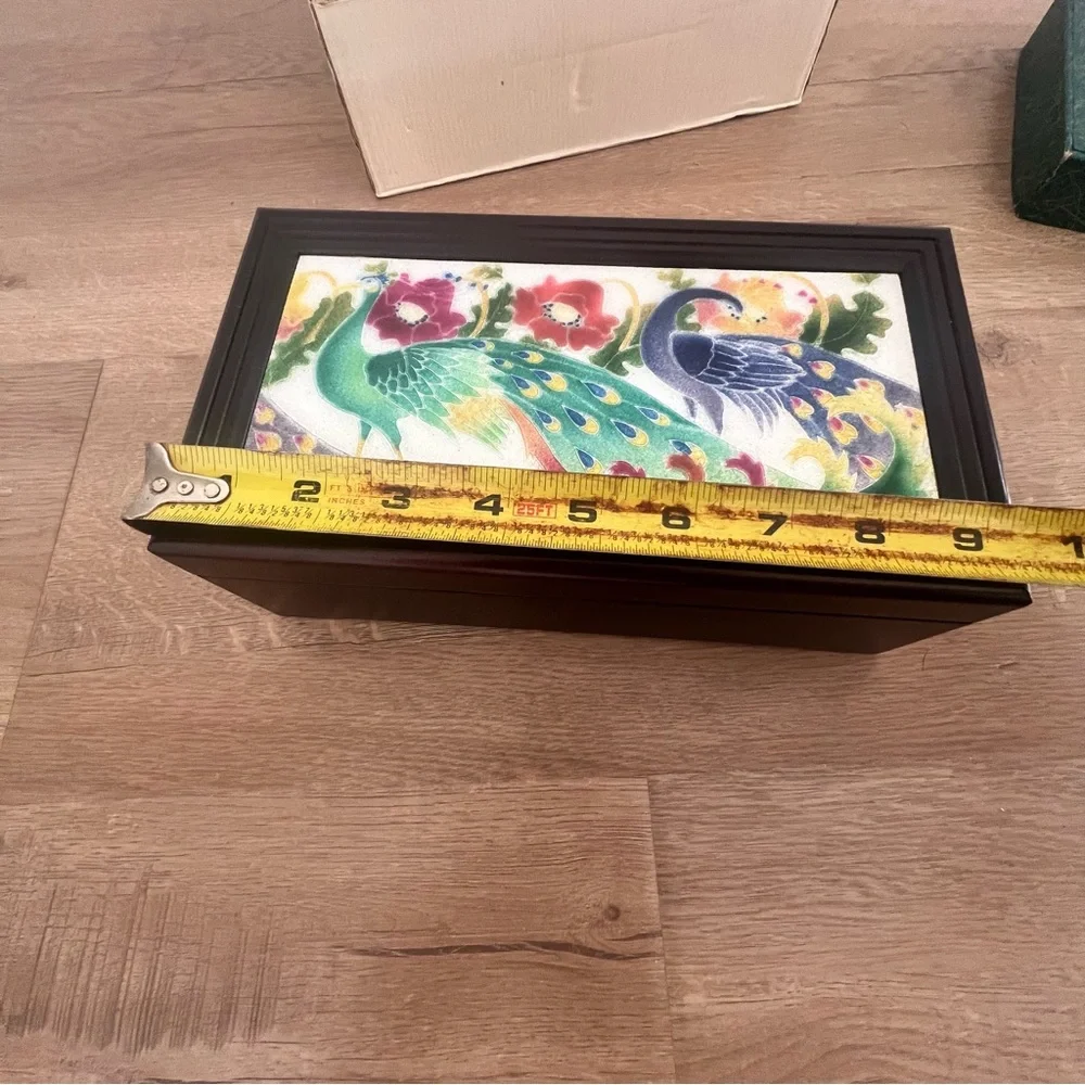 1970s‎ Sankyo Orgel Japan Wood Music Jewelry Box Bouquet Enamel Peacocks Vtg NIB